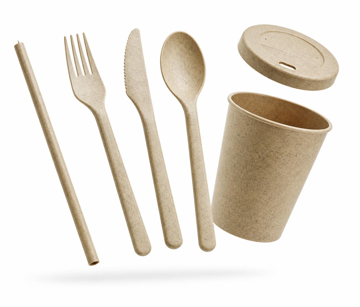 AGAVIX agave-fiber straw, fork, knife and spoon on a white studio background